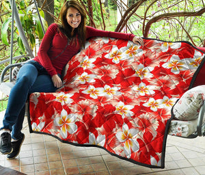 Red Hibiscus Plumeria Pattern Print Quilt