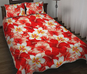 Red Hibiscus Plumeria Pattern Print Quilt Bed Set