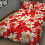 Red Hibiscus Plumeria Pattern Print Quilt Bed Set