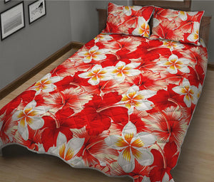 Red Hibiscus Plumeria Pattern Print Quilt Bed Set