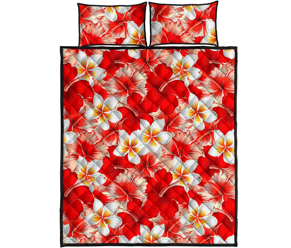 Red Hibiscus Plumeria Pattern Print Quilt Bed Set