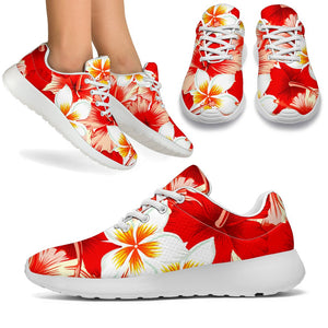 Red Hibiscus Plumeria Pattern Print Sport Shoes GearFrost