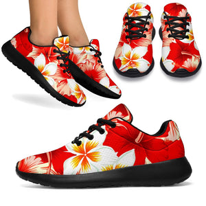 Red Hibiscus Plumeria Pattern Print Sport Shoes GearFrost