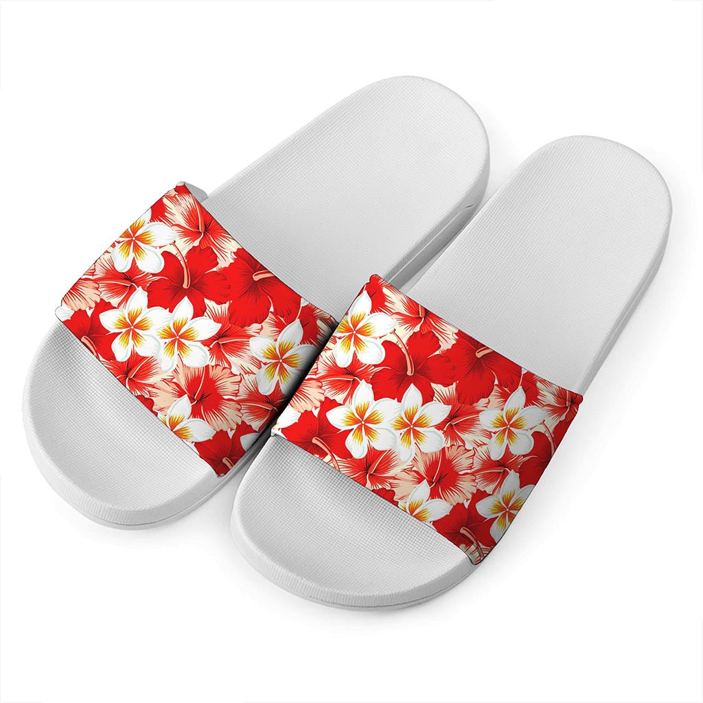 Red Hibiscus Plumeria Pattern Print White Slide Sandals