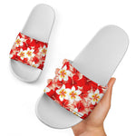 Red Hibiscus Plumeria Pattern Print White Slide Sandals