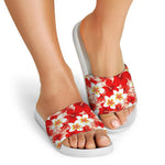 Red Hibiscus Plumeria Pattern Print White Slide Sandals