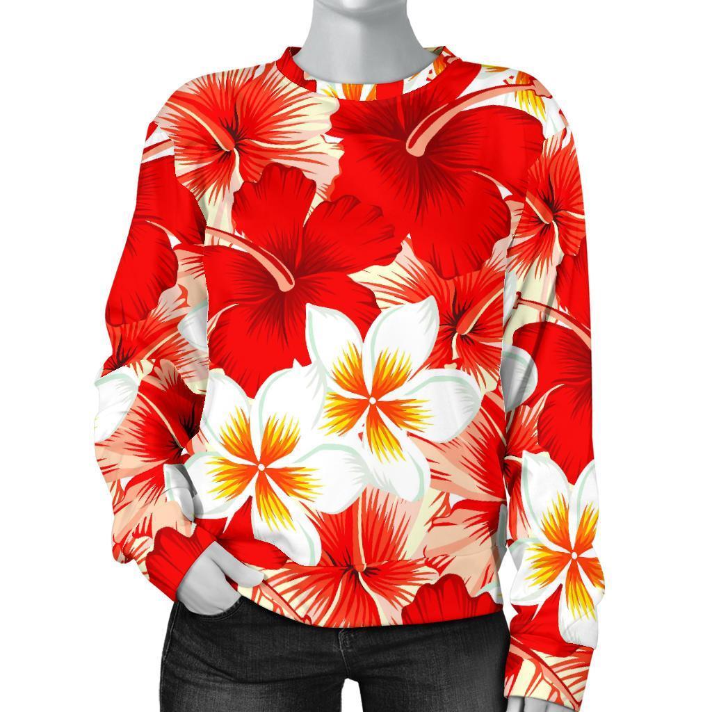 Red Hibiscus Plumeria Pattern Print Women's Crewneck Sweatshirt GearFrost