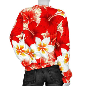 Red Hibiscus Plumeria Pattern Print Women's Crewneck Sweatshirt GearFrost