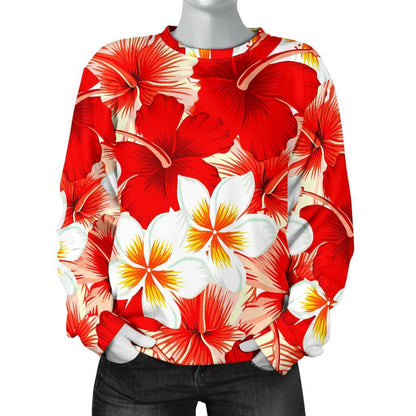 Red Hibiscus Plumeria Pattern Print Women's Crewneck Sweatshirt GearFrost