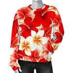 Red Hibiscus Plumeria Pattern Print Women's Crewneck Sweatshirt GearFrost