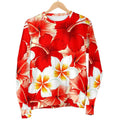 Red Hibiscus Plumeria Pattern Print Women's Crewneck Sweatshirt