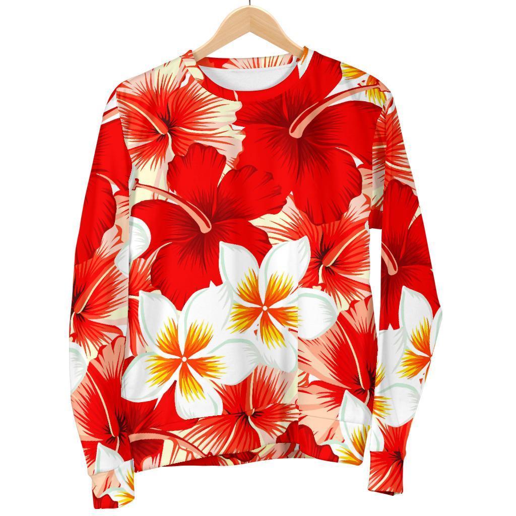 Red Hibiscus Plumeria Pattern Print Women's Crewneck Sweatshirt GearFrost