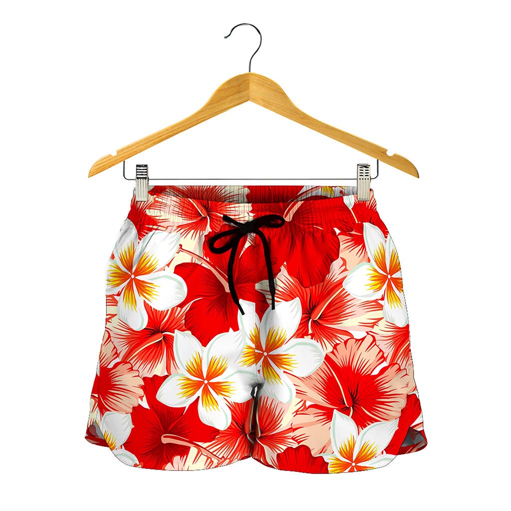 Red Hibiscus Plumeria Pattern Print Women's Shorts