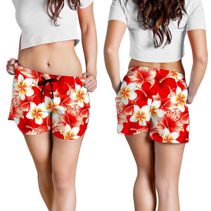 Red Hibiscus Plumeria Pattern Print Women's Shorts