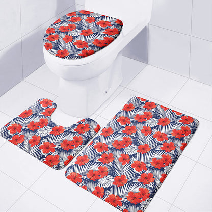 Red Hibiscus Tropical Pattern Print 3 Piece Bath Mat Set