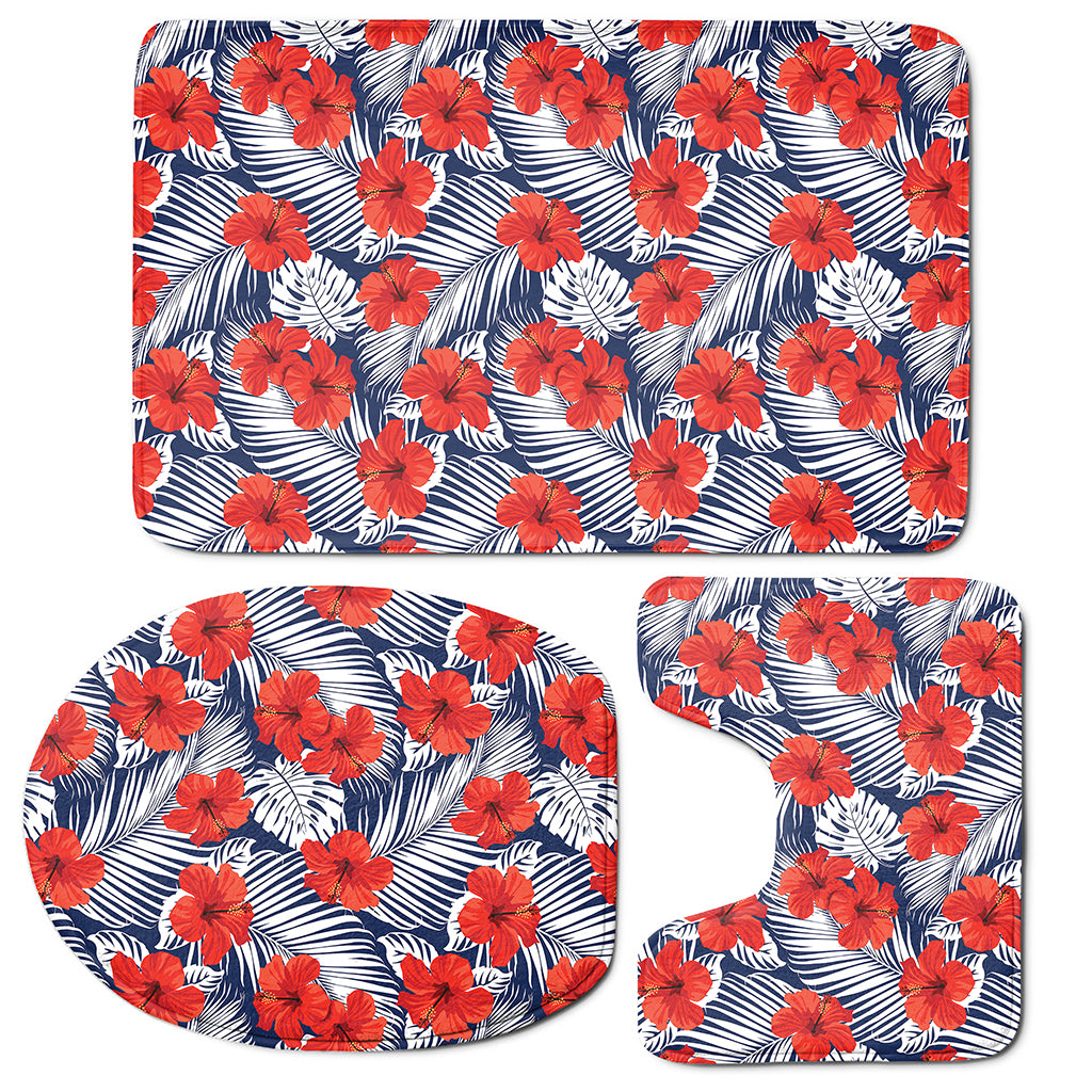 Red Hibiscus Tropical Pattern Print 3 Piece Bath Mat Set