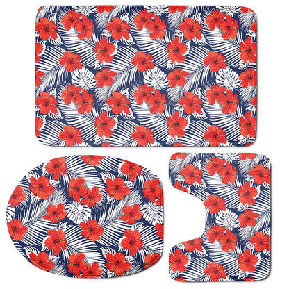 Red Hibiscus Tropical Pattern Print 3 Piece Bath Mat Set