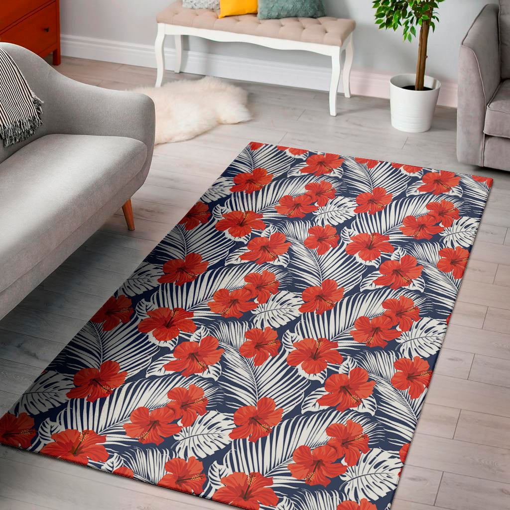 Red Hibiscus Tropical Pattern Print Area Rug