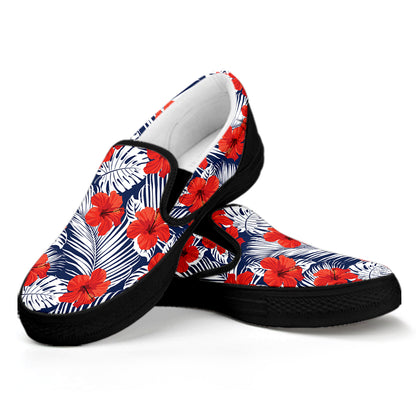 Red Hibiscus Tropical Pattern Print Black Slip On Shoes