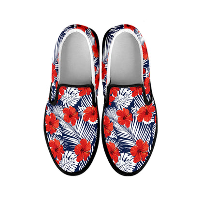 Red Hibiscus Tropical Pattern Print Black Slip On Shoes