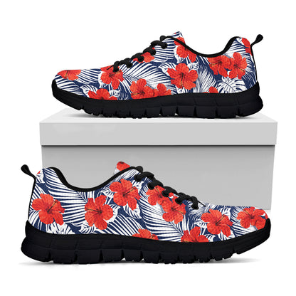 Red Hibiscus Tropical Pattern Print Black Sneakers