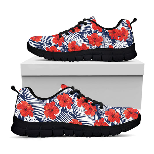 Red Hibiscus Tropical Pattern Print Black Sneakers