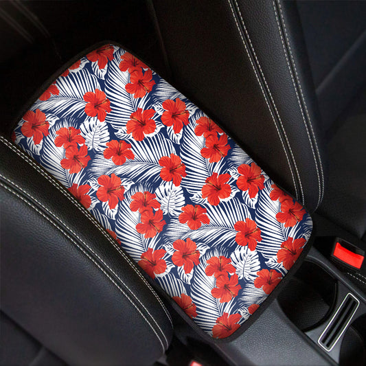 Red Hibiscus Tropical Pattern Print Car Center Console Cover