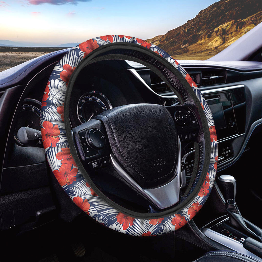Red Hibiscus Tropical Pattern Print Car Steering Wheel Cover