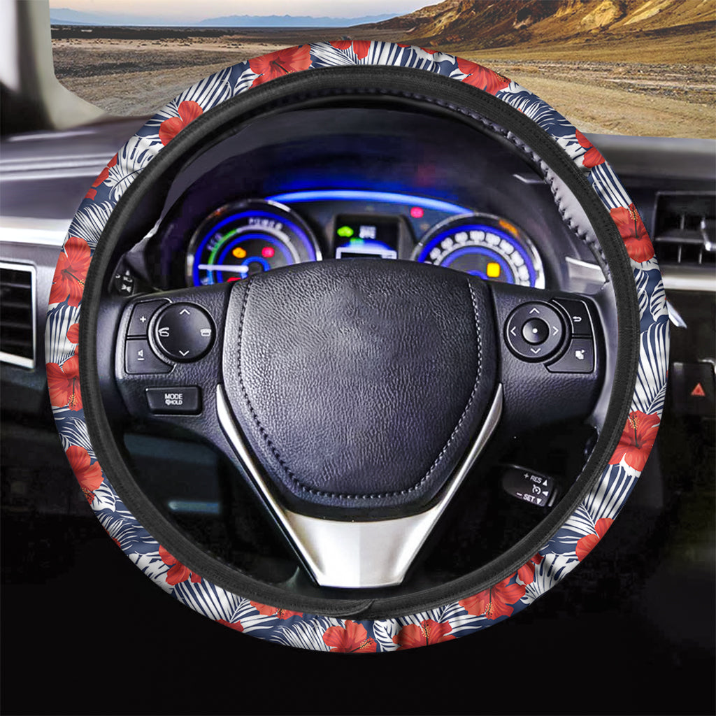 Red Hibiscus Tropical Pattern Print Car Steering Wheel Cover