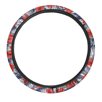 Red Hibiscus Tropical Pattern Print Car Steering Wheel Cover