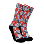 Red Hibiscus Tropical Pattern Print Crew Socks