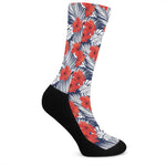 Red Hibiscus Tropical Pattern Print Crew Socks
