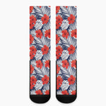 Red Hibiscus Tropical Pattern Print Crew Socks