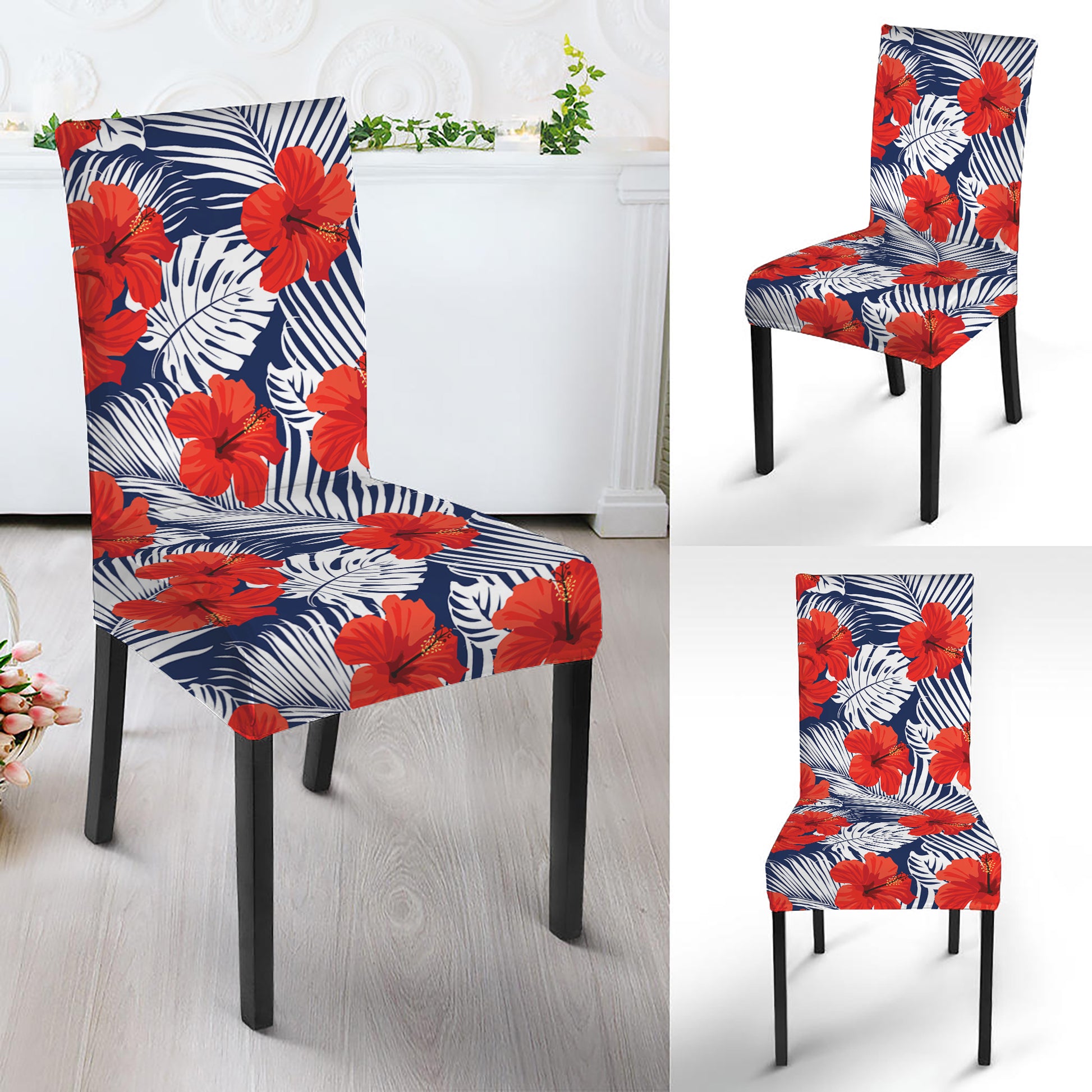 Red Hibiscus Tropical Pattern Print Dining Chair Slipcover