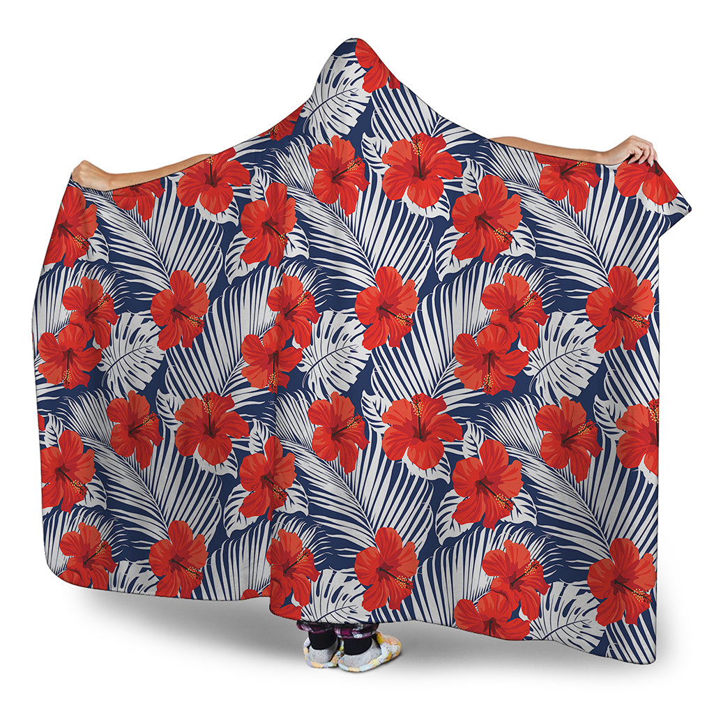 Red Hibiscus Tropical Pattern Print Hooded Blanket