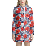 Red Hibiscus Tropical Pattern Print Hoodie Dress