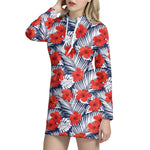 Red Hibiscus Tropical Pattern Print Hoodie Dress
