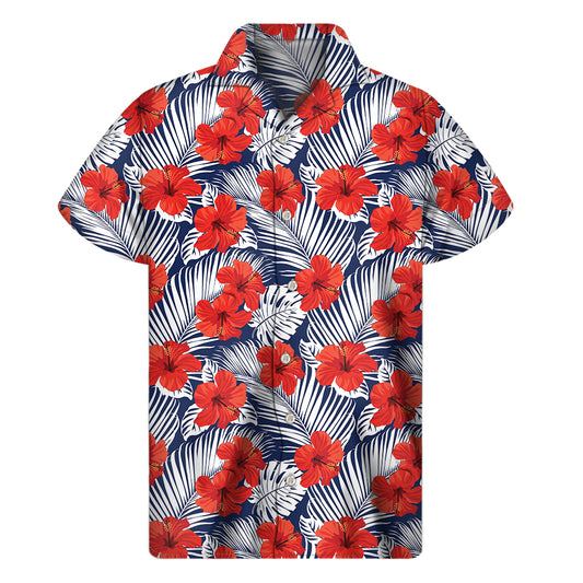 Red Hibiscus Tropical Pattern Print Men's Short Sleeve Shirt