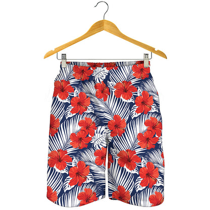 Red Hibiscus Tropical Pattern Print Men's Shorts