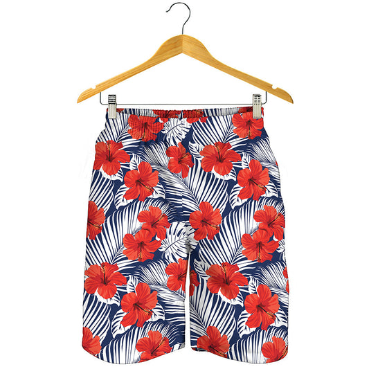 Red Hibiscus Tropical Pattern Print Men's Shorts
