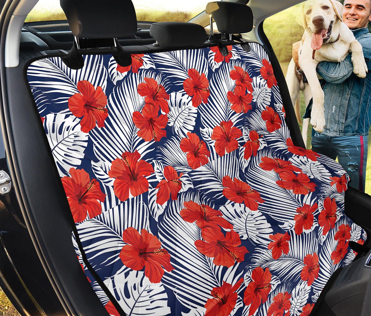 Red Hibiscus Tropical Pattern Print Pet Car Back Seat Cover