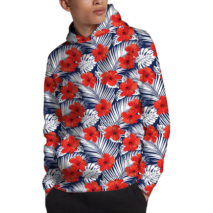 Red Hibiscus Tropical Pattern Print Pullover Hoodie