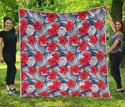 Red Hibiscus Tropical Pattern Print Quilt