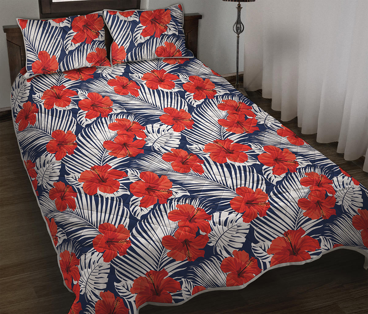 Red Hibiscus Tropical Pattern Print Quilt Bed Set