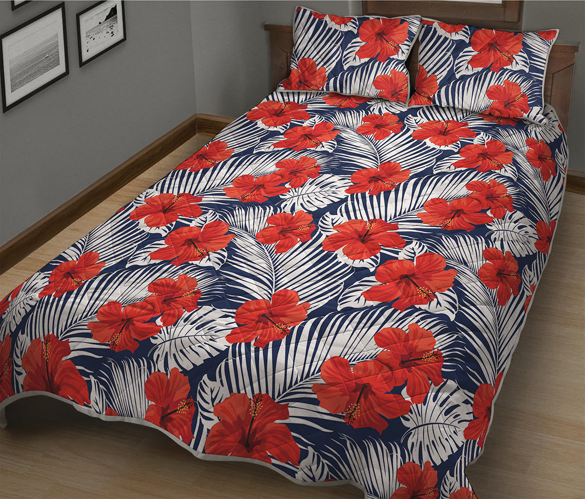 Red Hibiscus Tropical Pattern Print Quilt Bed Set
