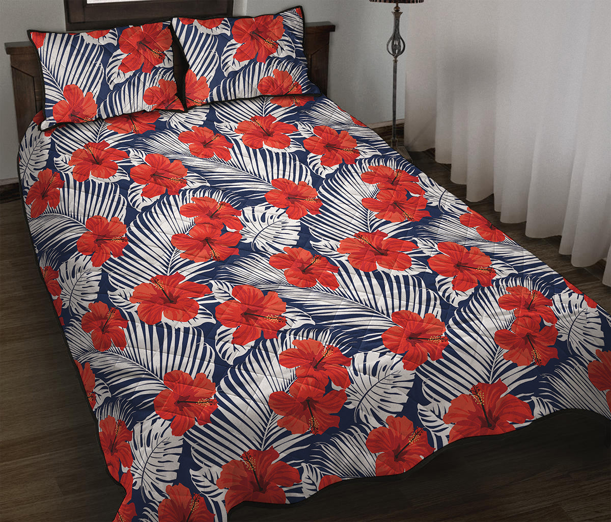 Red Hibiscus Tropical Pattern Print Quilt Bed Set
