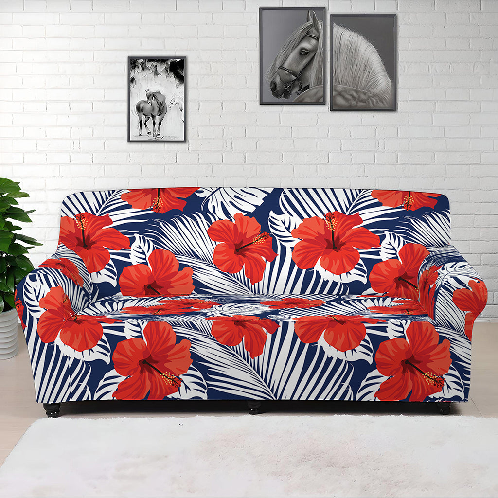 Red Hibiscus Tropical Pattern Print Sofa Cover