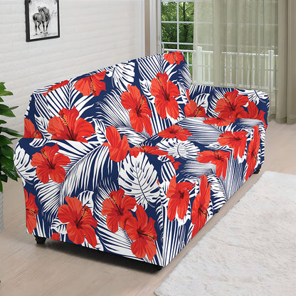 Red Hibiscus Tropical Pattern Print Sofa Cover