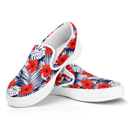 Red Hibiscus Tropical Pattern Print White Slip On Shoes