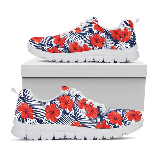 Red Hibiscus Tropical Pattern Print White Sneakers